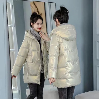 Women's winter hooded down jacket in ultra-thin acrylic fabric, available in four colours and sizes for 40-85kg weight range