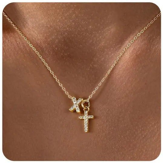 A-Z zircon inlaid letter necklace on a copper regular chain with electroplated finish