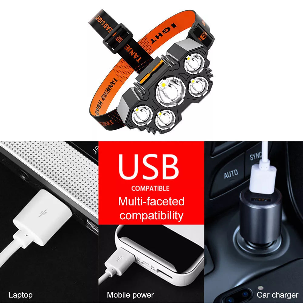 USB Rechargeable Five Head Fishing Lamp with adjustable brightness and waterproof design