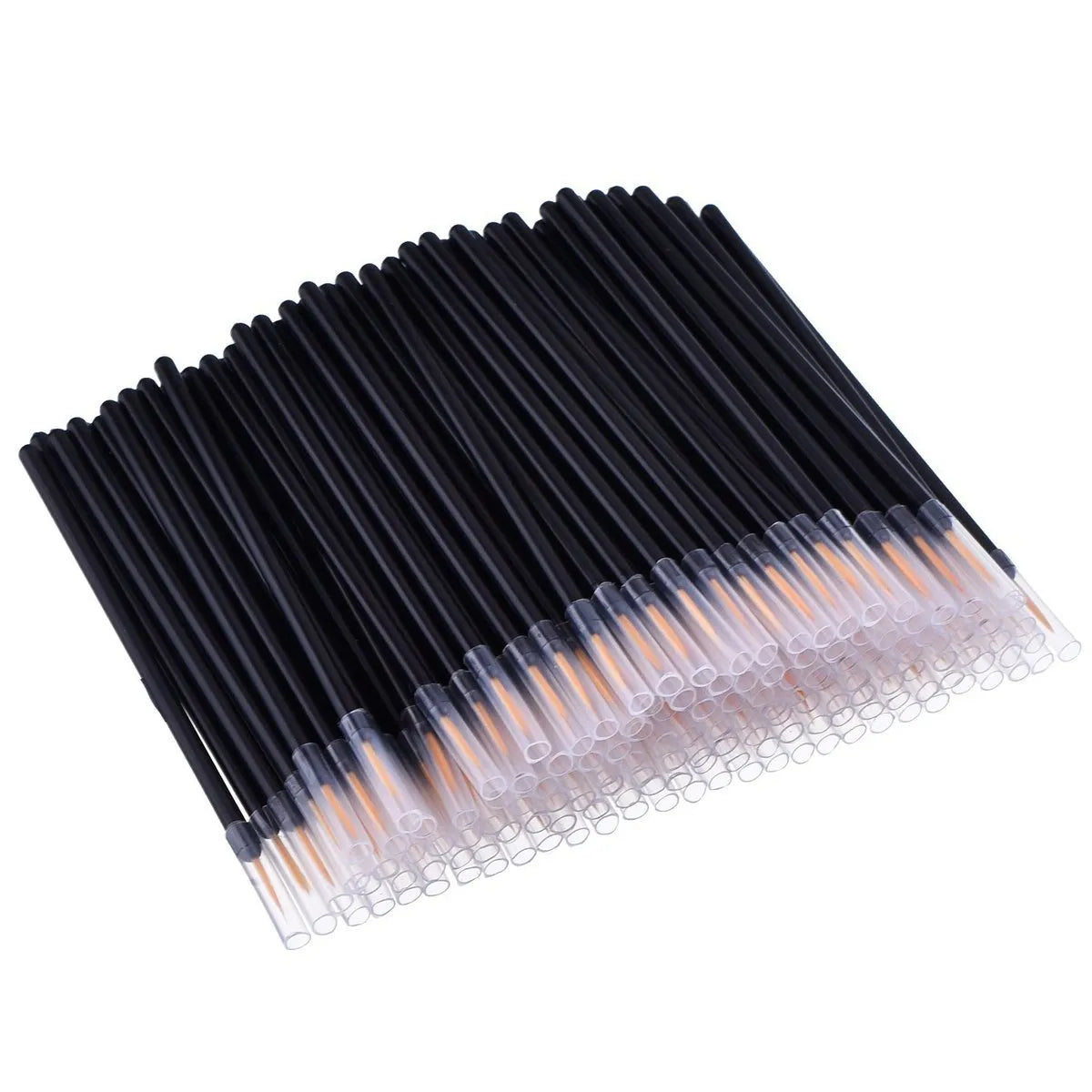 100 black disposable eyeliner brushes with ultra-fine points and plastic sleeves