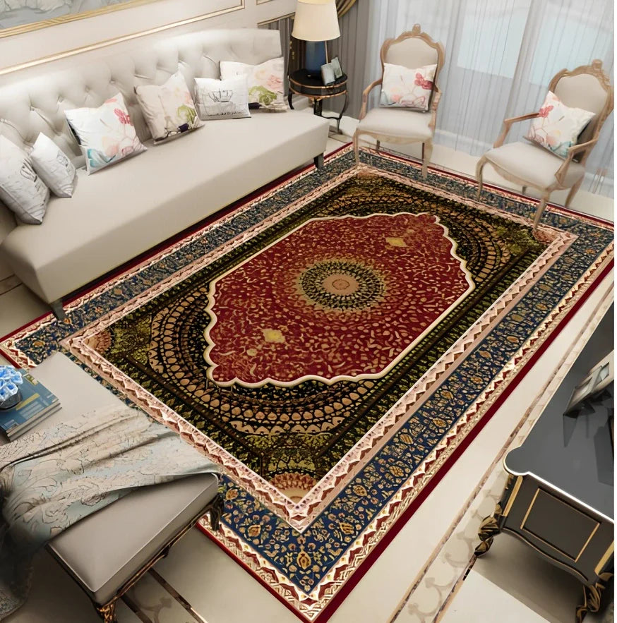 Rectangular Persian floral carpet with machine-woven polyester construction in modern design