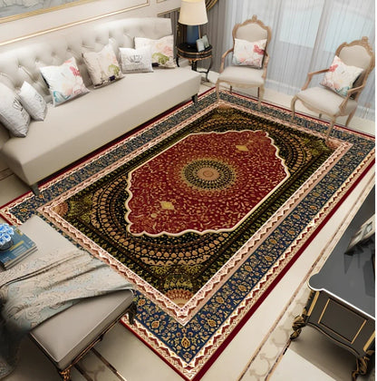 Rectangular Persian floral carpet with machine-woven polyester construction in modern design