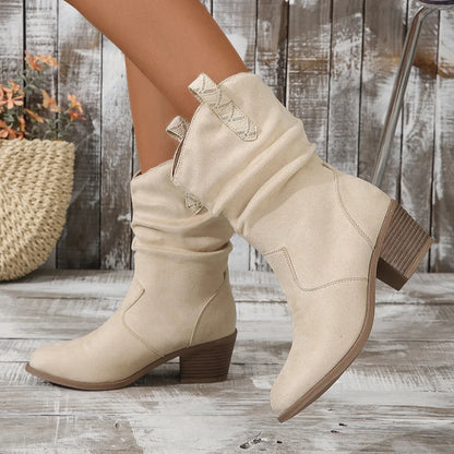 Women's mid-calf suede boots with leather stitching, 3-5cm short stout heel, in milky white or lotus root colour, sizes 36-42
