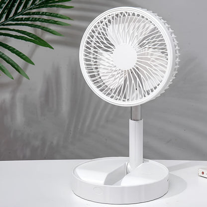 Black telescopic portable folding fan shown extended to full height on a desk, with control panel visible.