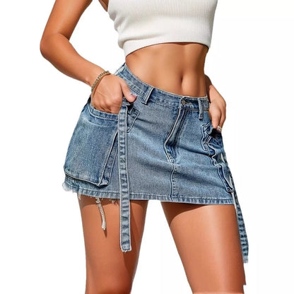 Women's Y2K denim mini skirt in blue with low rise and pencil cut