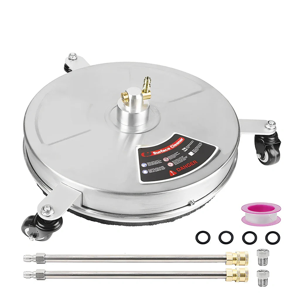 Stainless steel 3-wheel floor cleaner with extended pole and brass gun head for high-pressure washing