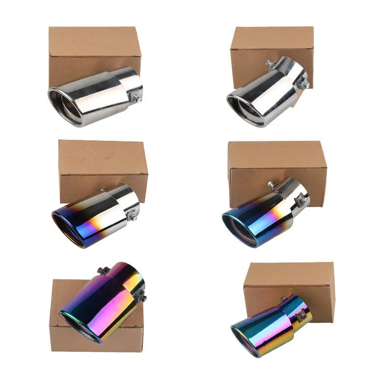 Stainless steel car exhaust tailpipe in straight and curved styles with baked blue, silver, and colourful finishes.