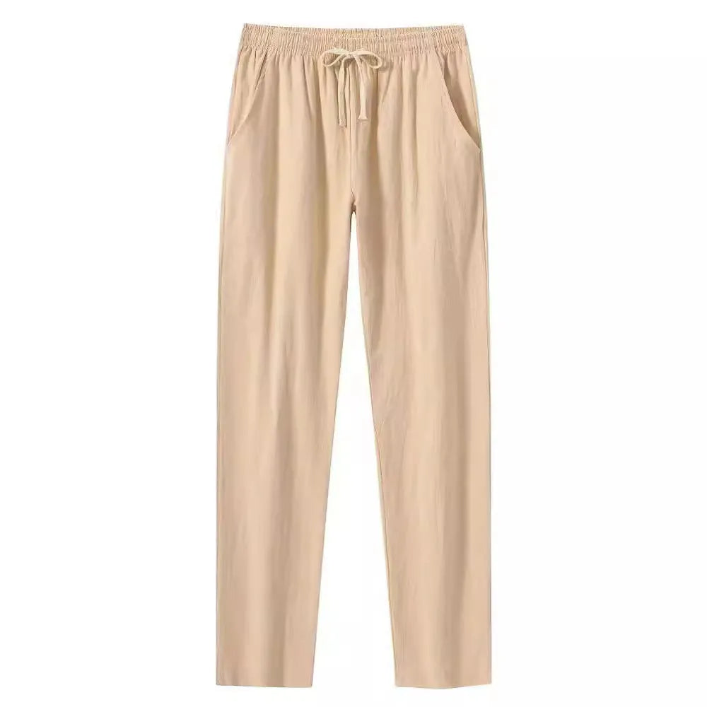 Men's cotton linen beach trousers in loose casual fit, shown in solid colour options