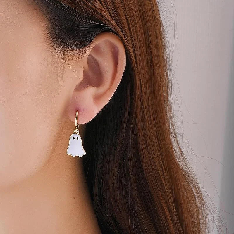 Spooky and Stylish Halloween Ghost Earrings for Women in Gold, Unique Hoop Earring Design for Festive Occasions