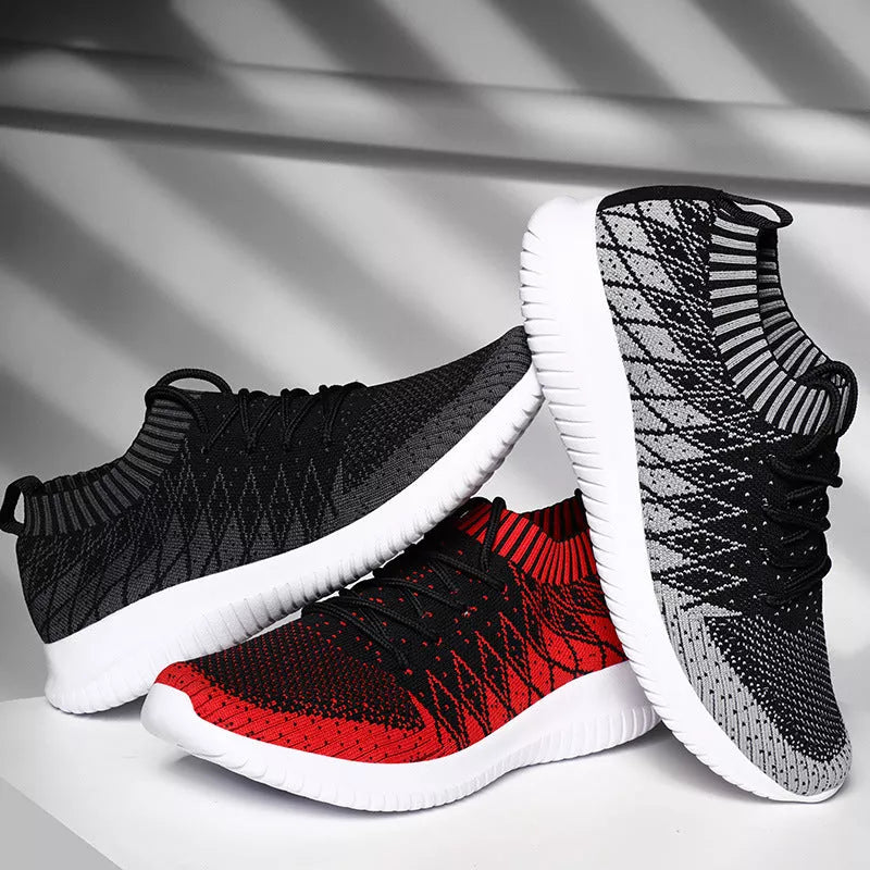 Men's Flying Woven Sneakers with breathable Flyknit upper in dark gray, red, and light gray