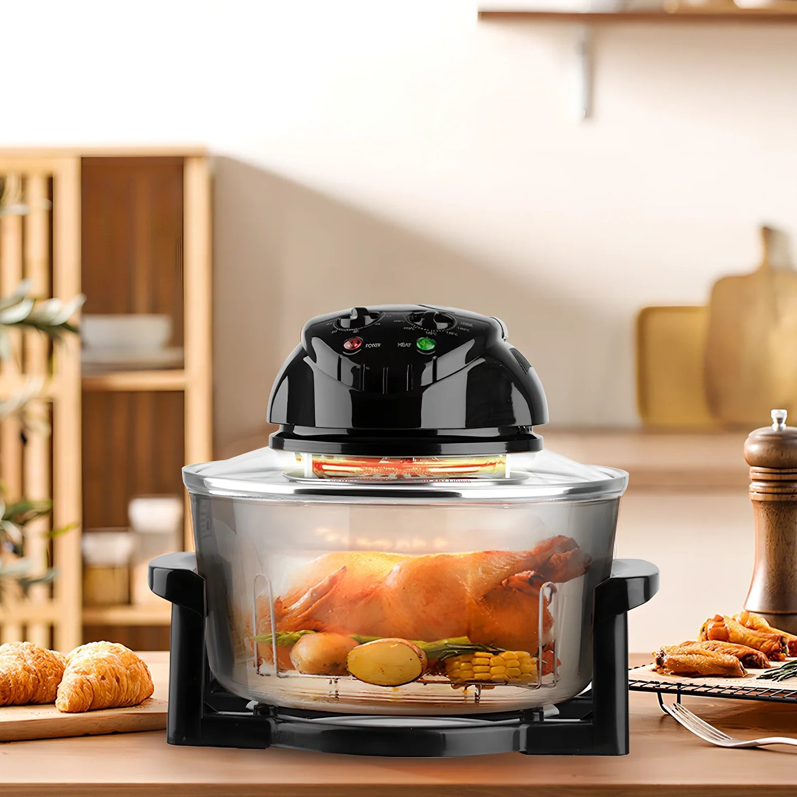 Black home air fryer with touch controls and visual window for monitoring cooking progress