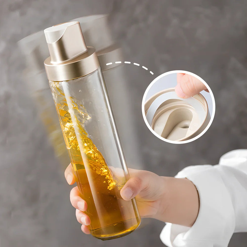 Transparent glass oil kettle with automatic gravity sensor mechanism in kitchen setting
