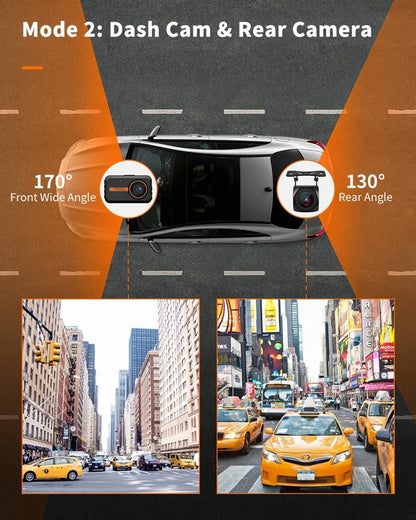 ThiEYE front and rear dash cam with 3-inch screen, suction cup mount, and rear waterproof camera.