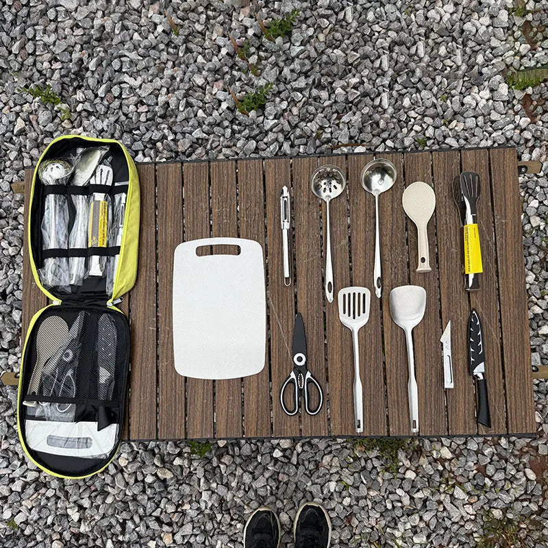 12-piece stainless steel picnic kitchenware set in a storage bag, colour options khaki green brown