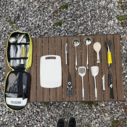 12-piece stainless steel picnic kitchenware set in a storage bag, colour options khaki green brown