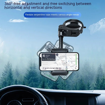 Black universal rotating car phone bracket with metal bending-resistant holder and multi-angle adjustment for vehicle use