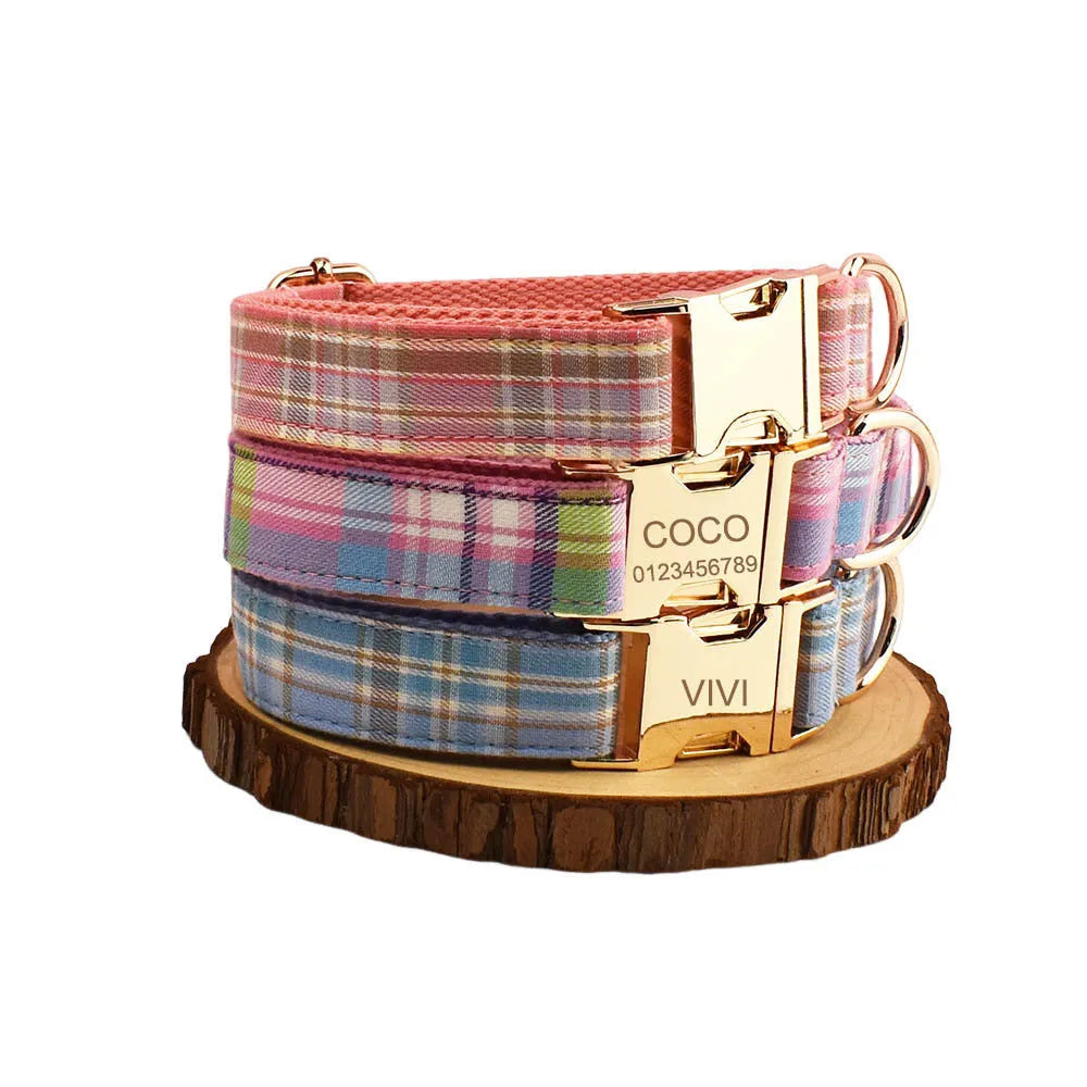Four-piece dog accessory set showing adjustable collar, leash, mesh vest, and bow in coordinating colours