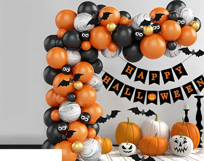 Halloween latex balloon set with bat designs, 12-inch black and orange balloons, 10m chain, and ribbons for party decor