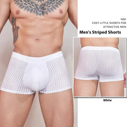 Men's striped underwear in black, white, or dark grey with thin nylon fabric and free size fit