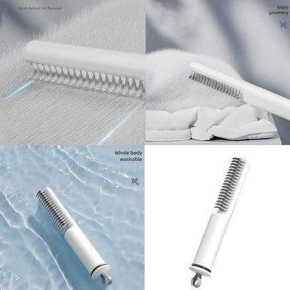 Stainless steel dog dematting comb with ergonomic handle, shown in pink colour on a white background.