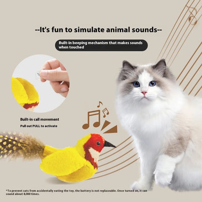 Bird simulation cat plush toy in four summer colour designs: colourful bird, sparrow, blue kingfisher and yellow bird