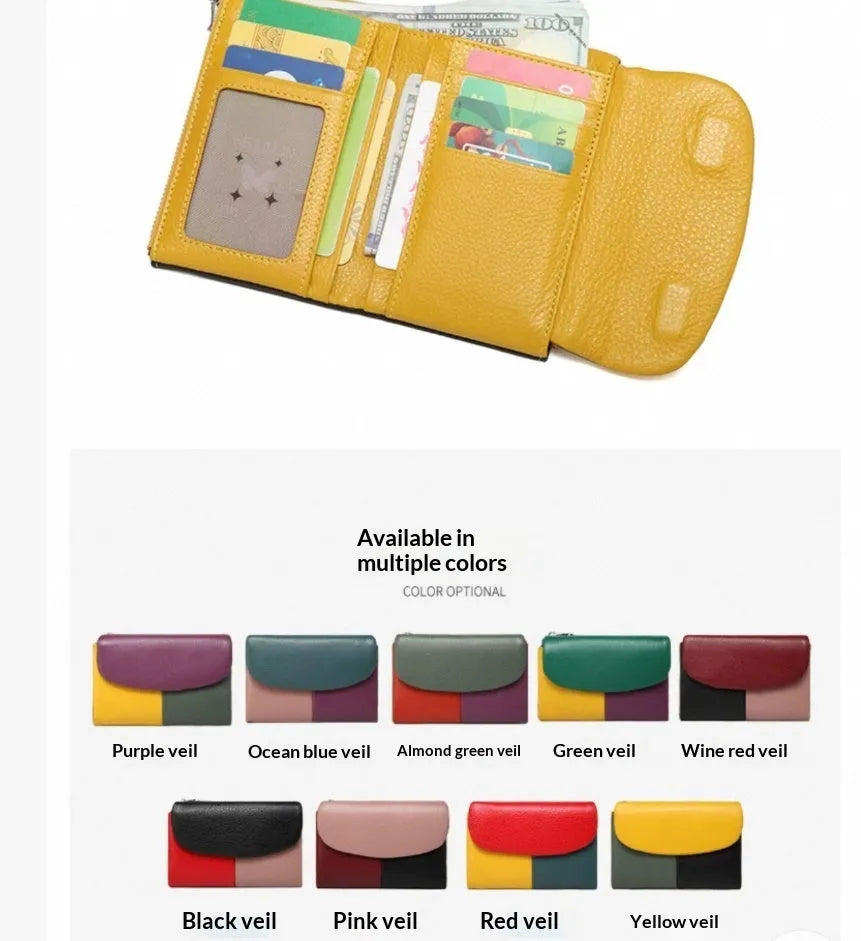 Women's short wallet in soft leather texture with solid colour and stitching detail, urban minimalist style