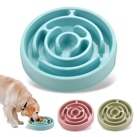 Blue silicone slow feeder dog bowl with labyrinth puzzle design for large breeds
