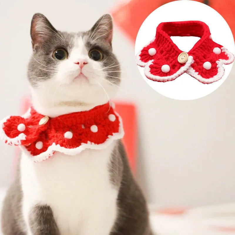 Cartoon-patterned knitted wool collar for small pets with size chart showing XS, S, M, L measurements