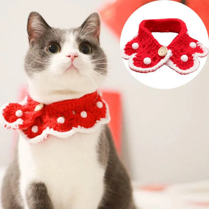 Cartoon-patterned knitted wool collar for small pets with size chart showing XS, S, M, L measurements