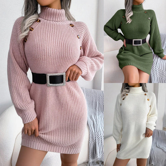 Stylish turtleneck sweater dress with button accent in white, pink, and army green colors