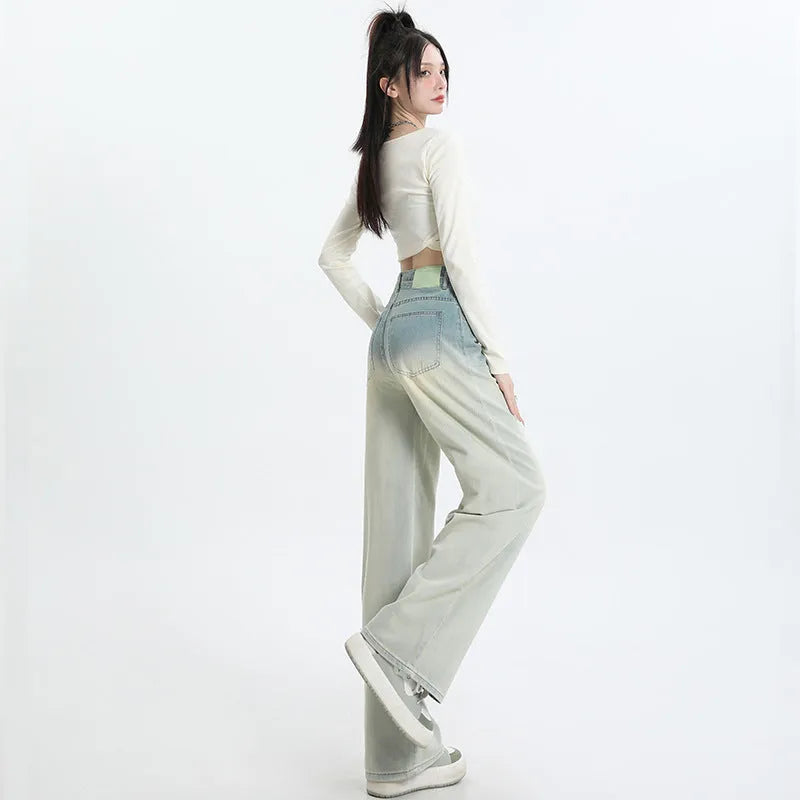 Gradient blue straight-leg trousers for women in denim with cotton composition, size range XS to 2XL