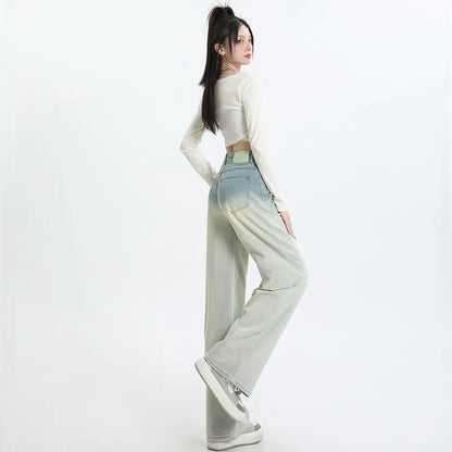 Gradient blue straight-leg trousers for women in denim with cotton composition, size range XS to 2XL