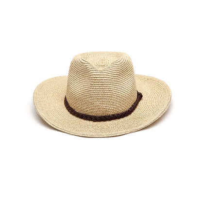 Man's foldable natural straw sun hat with a wide brim shown in mixed beige colour.