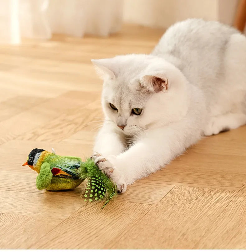 Flappy Chase Cat Toy interactive chirping sparrow with flapping wings and shaking motion in Blue, Gray, or Green.