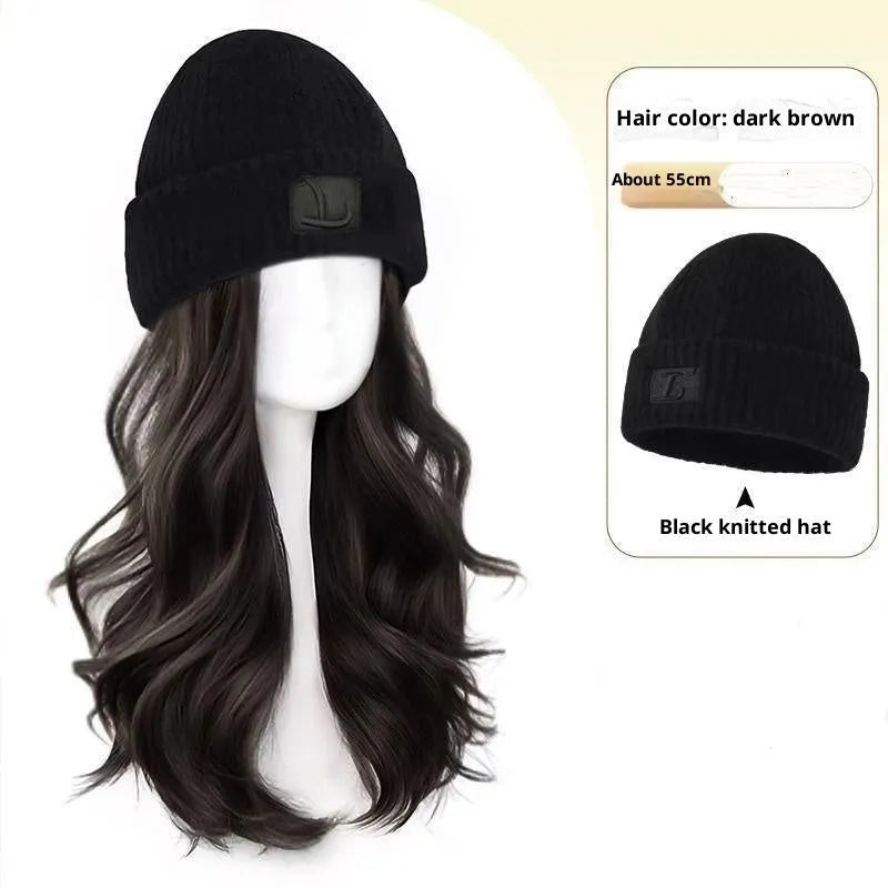 Hat wig with big wave curly hair in cold brown or brown black, full-head design for women, medium to long length