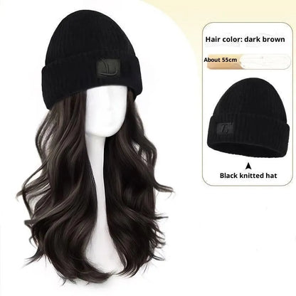 Hat wig with big wave curly hair in cold brown or brown black, full-head design for women, medium to long length
