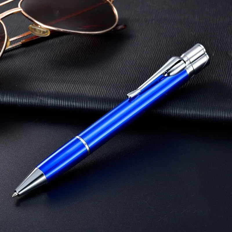 Silver metal pen-style jet lighter with side ignition button and windproof flame.