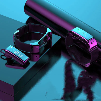 Two-in-one Bluetooth headset smart watch with zinc alloy backing, black leather strap, and magnetic charging cable.