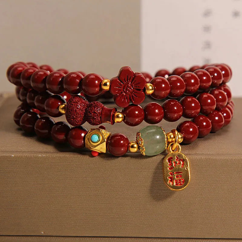 Women's Chinese style cinnabar bracelet with 6mm multi-circle gourd and five petal flower geometric design