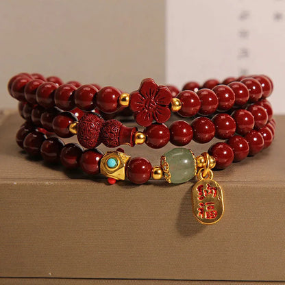 Women's Chinese style cinnabar bracelet with 6mm multi-circle gourd and five petal flower geometric design