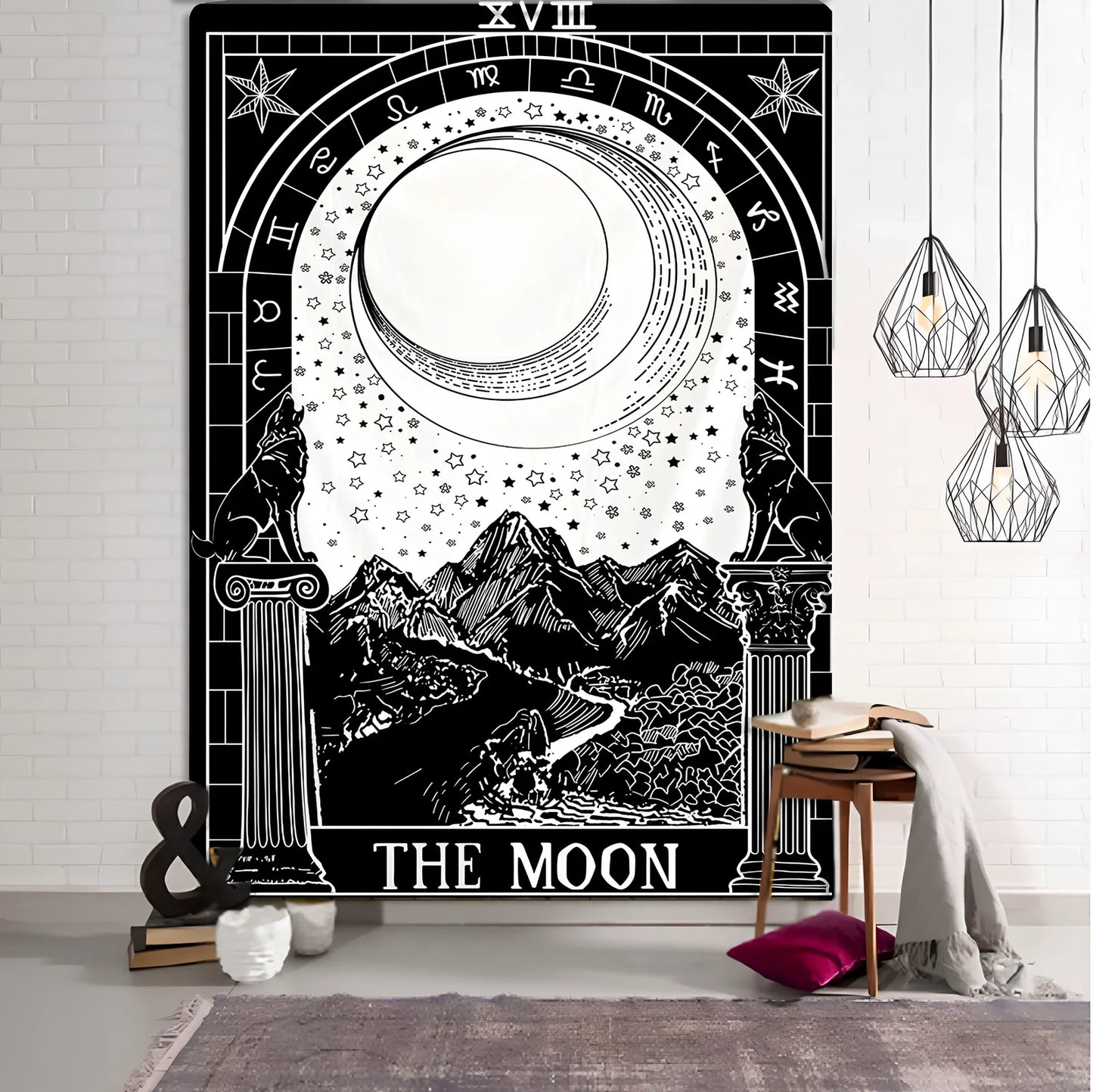 Rectangular skull tapestry with geometric pattern in Nordic style, machine-woven polyester construction