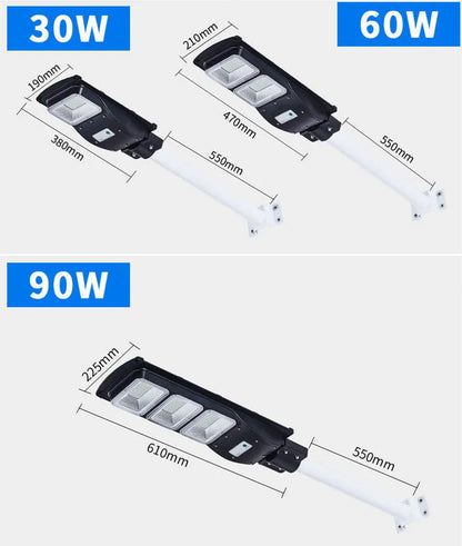 Integrated solar street light with LED illumination and solar panel, remote control operation