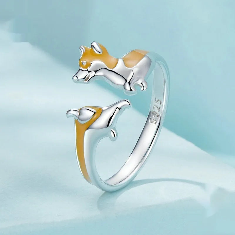 Silver ring with a cute cartoon corgi dog design, electroplated in colour SCR1014-E.