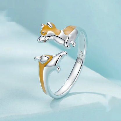 Silver ring with a cute cartoon corgi dog design, electroplated in colour SCR1014-E.
