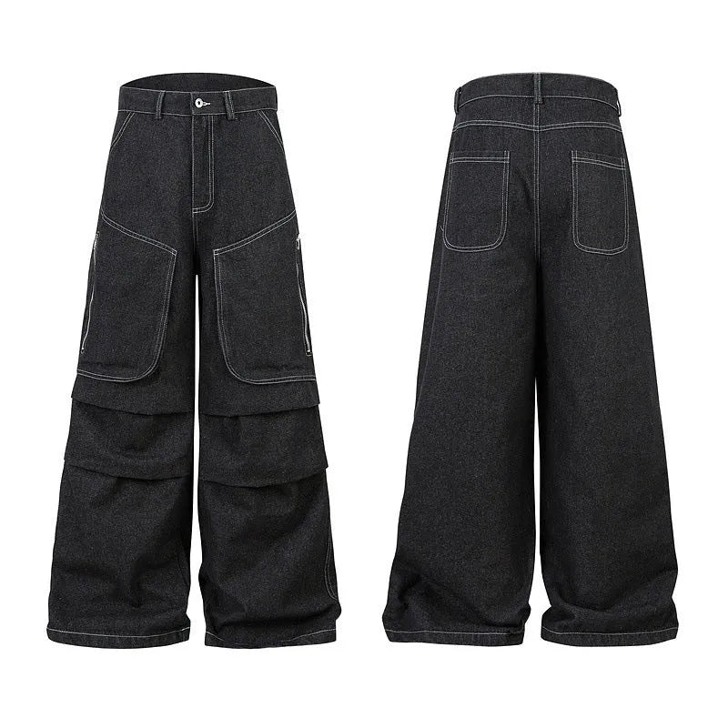 Black multi-pocket pleated workwear jeans with zip fly and straight leg cut