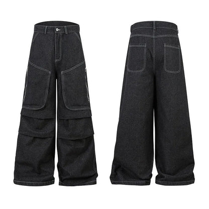 Black multi-pocket pleated workwear jeans with zip fly and straight leg cut