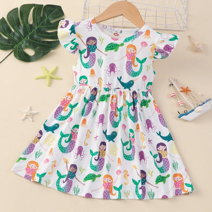 Girl's flounced sleeve dress with A-line skirt in polyester, available in multiple colours for ages 1-6 years