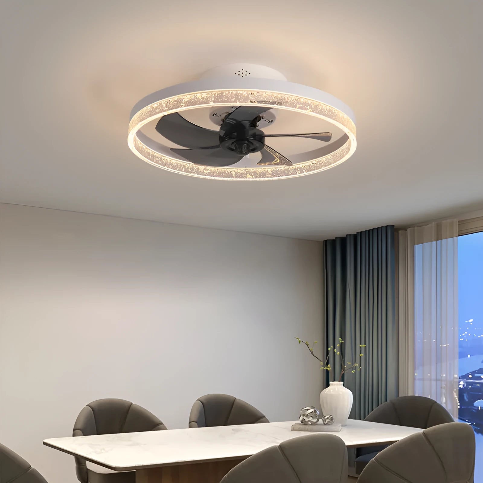 Nordic-style 50cm ceiling fan lamp with integrated LED light in a choice of colours.