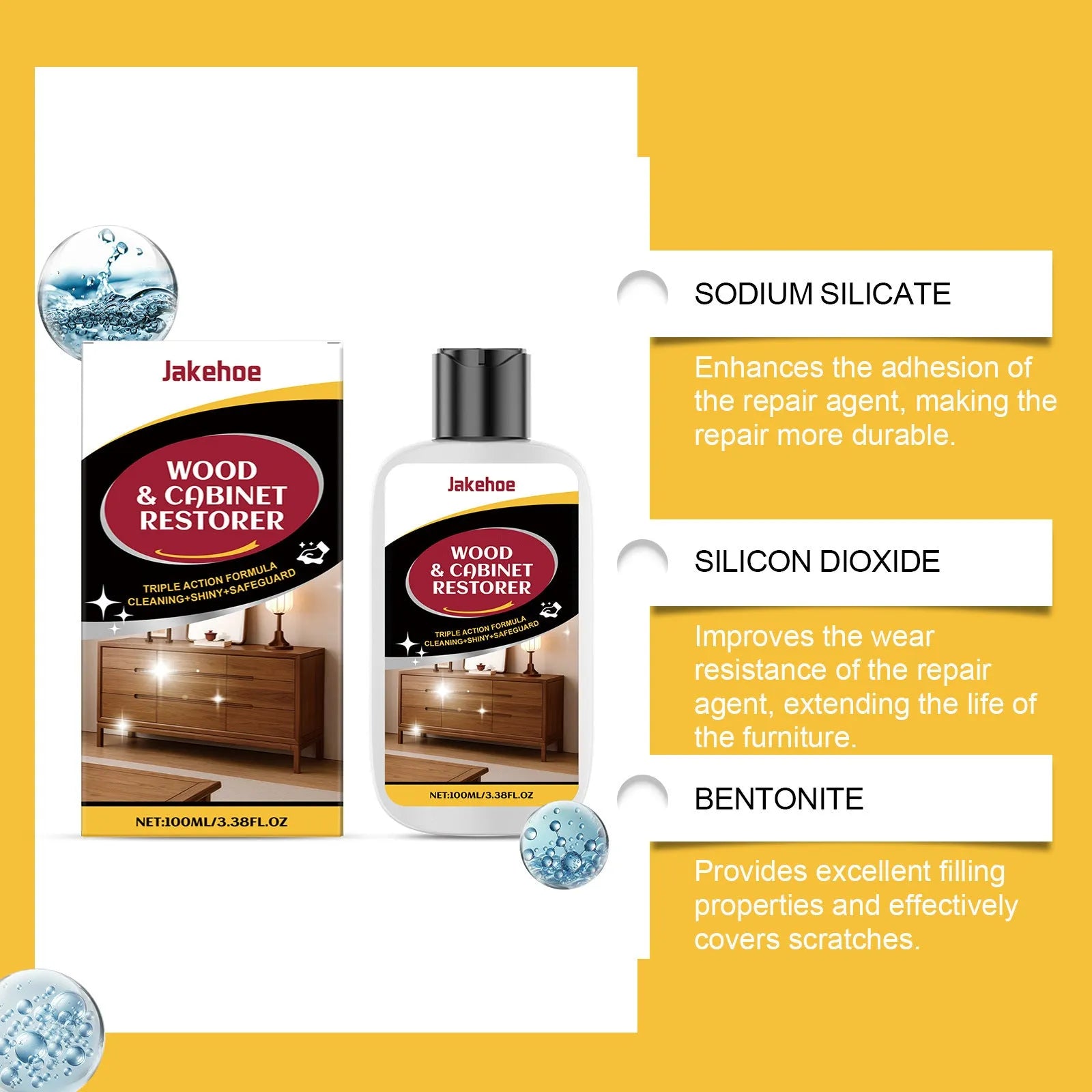 100ml wooden furniture scratch care agent bottle and white microfibre polishing towel on a wooden table.