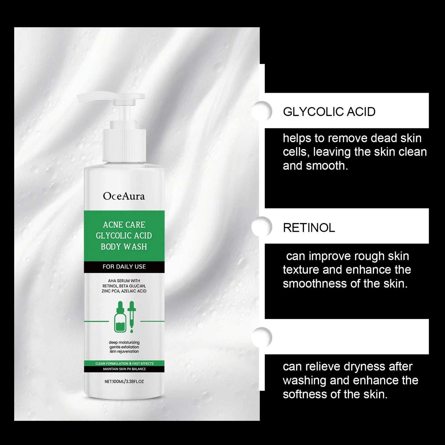 100ml bottle of retinol shower gel with glycolic acid and azelaic acid